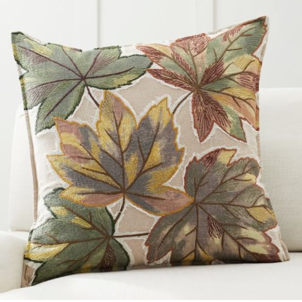 Pottery Barn Autumn Leaf Embroidered Pillow in Green, Gold, Tan